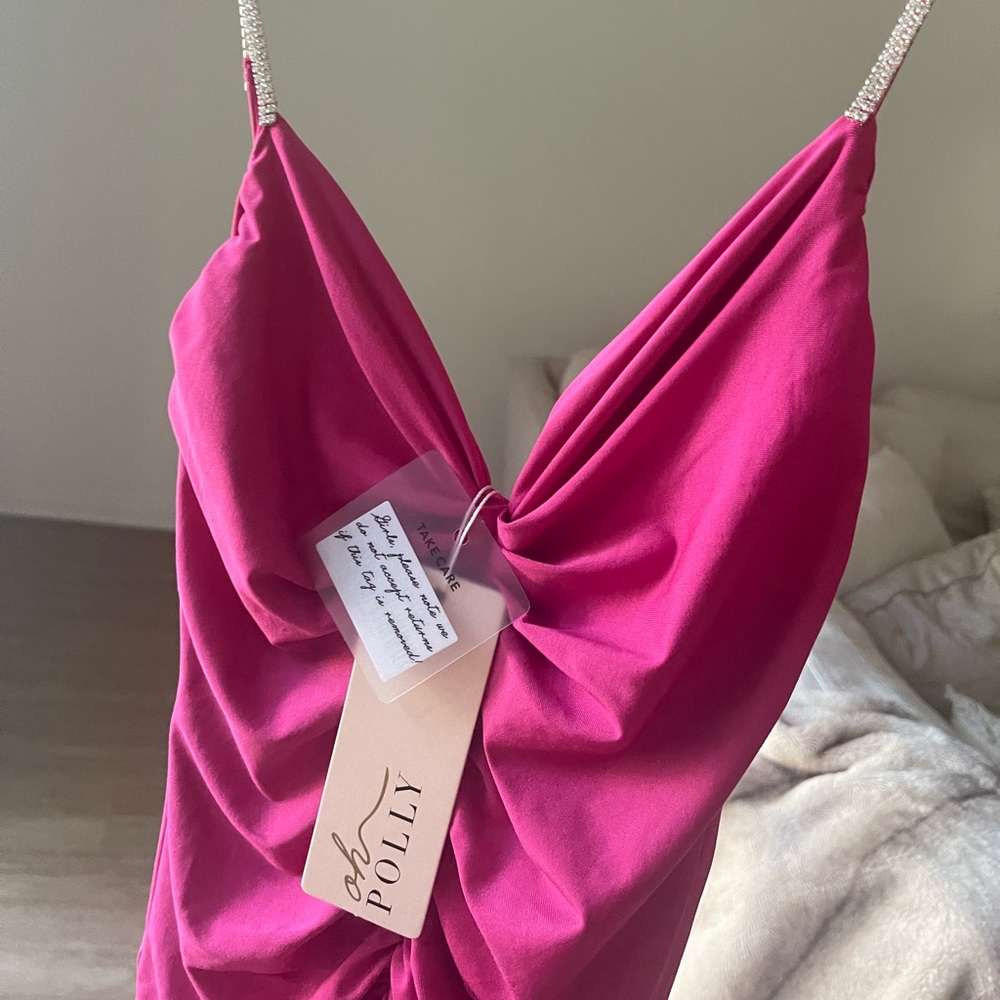 Hot Pink Ruched Long Dress With Rhinestone Straps - Picture 2 of 5